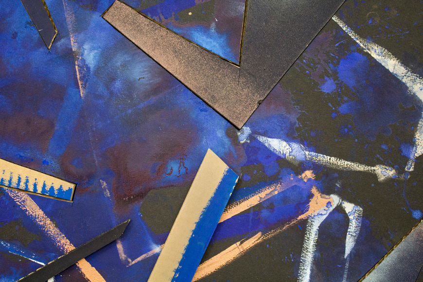 Detail of Untitled (blk.ppr.bl.blk.shps.stncls.brnz.wht.spry.), 2016, Gouache, graphite, spray paint, acrylic, glue, paper, cardboard, aluminum and wood panel