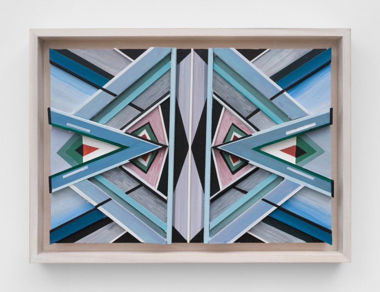 Karen Carson, Blue Triangles, 2020. Acrylic on bas relief wood. 21.5 x 29.5 x 3 in.