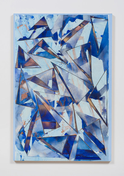 Untitled (lt.bl.flr.ppr.brnz.crdbrd.), 2016, Gouache, graphite, spray paint, acrylic, glue, paper, cardboard, aluminum and wood panel