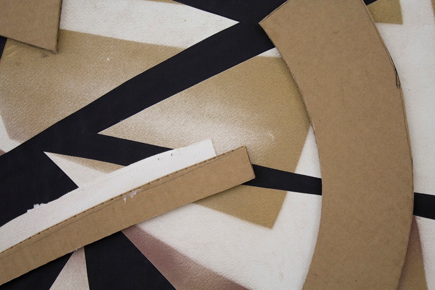Detail of Untitled (gld.spry.blk.ppr.crdbrd.), 2016, Spray paint, graphite, glue, paper, cardboard, aluminum and wood panel