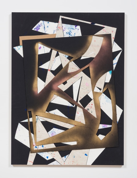Untitled (wht.flr.ppr.blk.ppr.gld.spry.crdbrd.), 2016, Gouache, acrylic, graphite, spray paint, glue, paper, cardboard, aluminum and wood panel