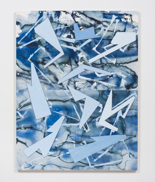 Untitled (lt.bl.flr.ppr.lt.bl.crdbrd.shps.), 2016, Gouache, graphite, glue, paper, cardboard, aluminum and wood panel