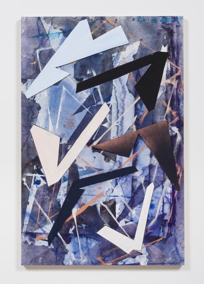 Untitled (drkbl.flr.ppr.crdbrd.shps.), 2016, Gouache, graphite, spray paint, acrylic, glue, paper, cardboard, aluminum and wood panel