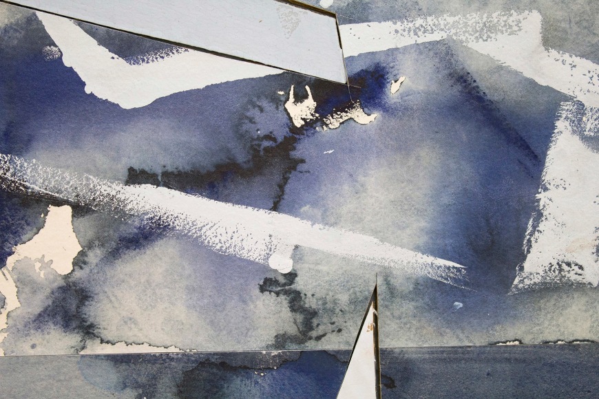 Detail of Untitled (lt.bl.flr.ppr.lt.bl.crdbrd.shps.), 2016, Gouache, graphite, glue, paper, cardboard, aluminum and wood panel