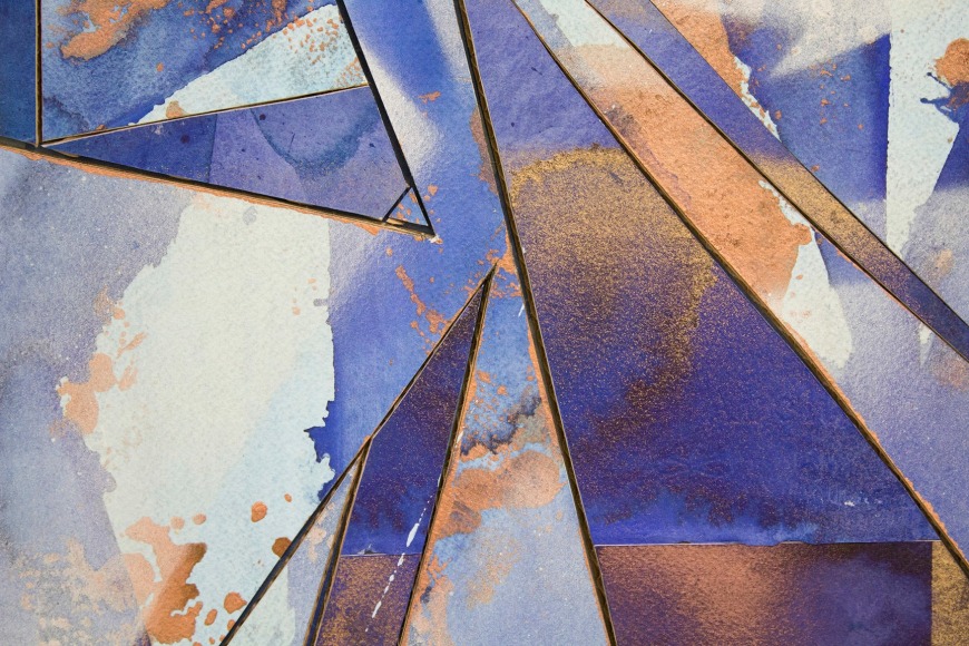 Detail of Untitled (lt.bl.flr.ppr.brnz.crdbrd.), 2016, Gouache, graphite, spray paint, acrylic, glue, paper, cardboard, aluminum and wood panel