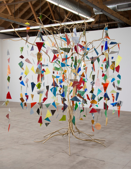 Weeping Willow, 2016, Welded steel, gold enamel, stained glass, brass wire