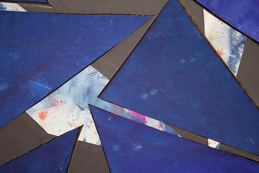 Detail of Untitled (bl.ppr.crdbrd.bl.trngls.bl.frm.), 2016, Gouache, graphite, glue, paper, cardboard, aluminum and wood panel