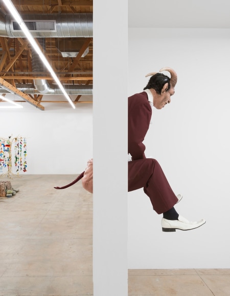 Devil's Ass, Devil, 2012, 2016, Prosthetic rear end, wood, expanding foam, resin, acrylic paint, magi-sculpt, polyurethane tail, mannequin; Halloween mask, glass eyes, expanding foam, resin, acrylic paint, found suit, shirt, gloves, ascot, socks and shoes