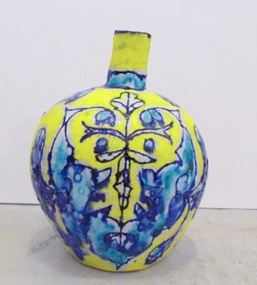 Elisabeth Kley Small Turquoise &amp;amp; Yellow Leaf Face Bottle, 2008
