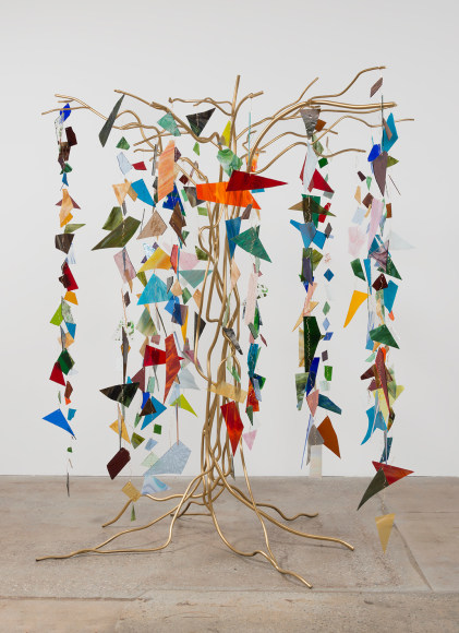 Weeping Willow, 2016, Welded steel, gold enamel, stained glass, brass wire