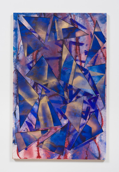 Untitled (bl.rd.flr.ppr.bl.gld.spry.trngls.), 2016, Gouache, graphite, spray paint, glue, paper, cardboard, aluminum and wood panel