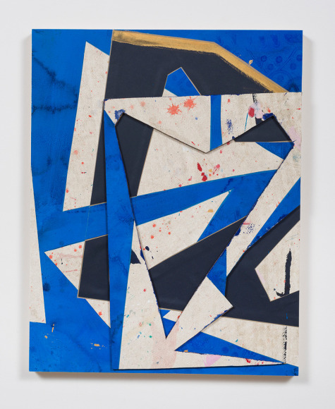 Untitled (bl.wht.flr.ppr.bl.wht.crdbrd.), 2016, Gouache, graphite, glue, paper, cardboard, aluminum and wood panel