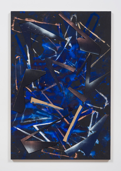 Untitled (blk.ppr.bl.blk.shps.stncls.brnz.wht.spry.), 2016, Gouache, graphite, spray paint, acrylic, glue, paper, cardboard, aluminum and wood panel