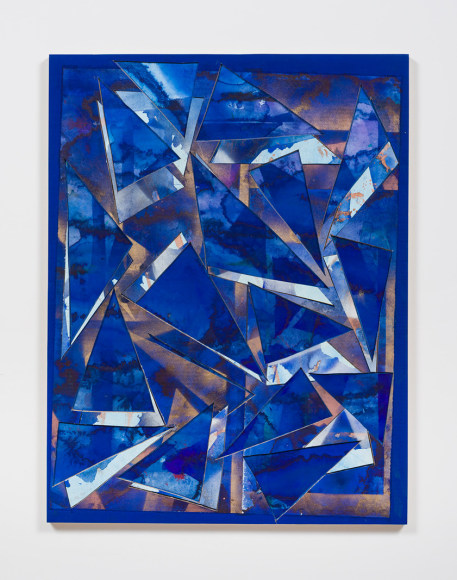 Untitled (bl.ppr.crdbrd.lt.bl.brnz.trngls.), 2016, Gouache, graphite, spray paint, acrylic, glue, paper, cardboard, aluminum and wood panel