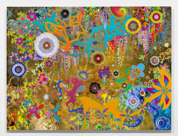 Jose Alvarez (D.O.P.A.), The Myth #30, 2023, Acrylic, ink, watercolor, colored, pencil, beads, feathers, quills, handmade paper, watercolor paper, crystals and collage on mica on wood panel, 72 x 96 in (182.9 x 243.8 cm)