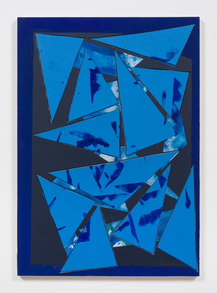 Untitled (bl.ppr.crdbrd.lt.bl.trngls.bl.frm.), 2016, Gouache, graphite, glue, paper, cardboard, aluminum and wood panel