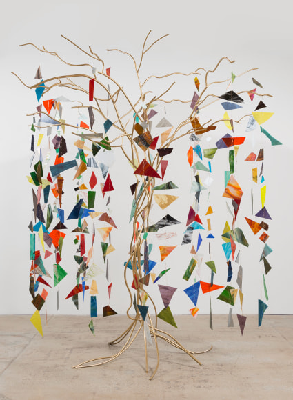 Weeping Willow, 2016, Welded steel, gold enamel, stained glass, brass wire