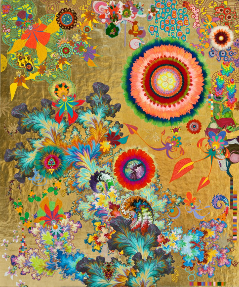 The Promised Land (I Lift My Lamp Remix).&nbsp;Acrylic, ink, colored pencil, feathers, quills, handmade paper, on mica on wood panel. 2019.