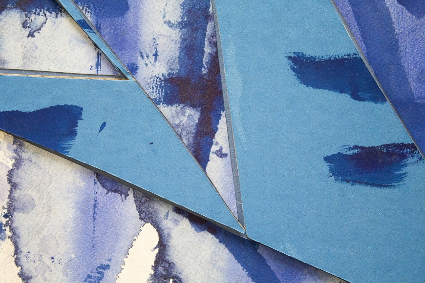 Detail of Untitled (lt.bl.ppr.crdbrd.lt.bl.trngls.bl.frm.), 2016, Gouache, graphite, glue, paper, cardboard, aluminum and wood panel