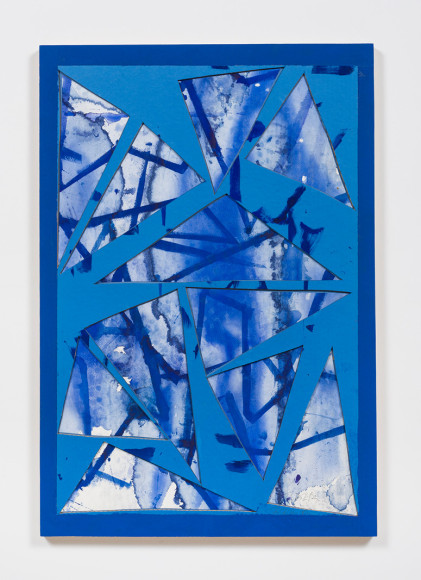 Untitled (lt.bl.ppr.crdbrd.lt.bl.trngls.bl.frm.), 2016, Gouache, graphite, glue, paper, cardboard, aluminum and wood panel