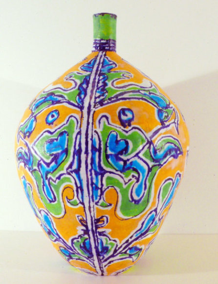 Elisabeth Kley Large Gold & Lime Leaf Face Bottle, 2009