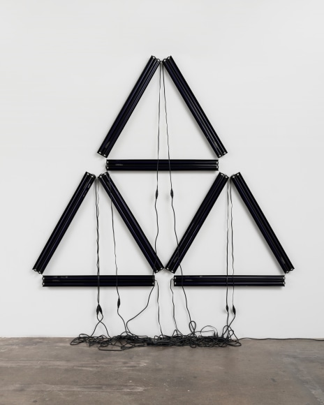 Paul Stephen Benjamin, Black Illuminati, 2021, blacklight, black power strip, black extension cord, 120 x 113 in  (304.8 x 287 cm),  
