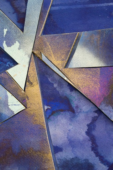 Detail of Untitled (bl.ppr.crdbrd.lt.bl.brnz.trngls.), 2016, Gouache, graphite, spray paint, acrylic, glue, paper, cardboard, aluminum and wood panel