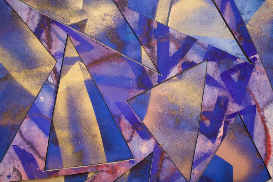 Detail of Untitled (bl.rd.flr.ppr.bl.gld.spry.trngls.), 2016, Gouache, graphite, spray paint, glue, paper, cardboard, aluminum and wood panel