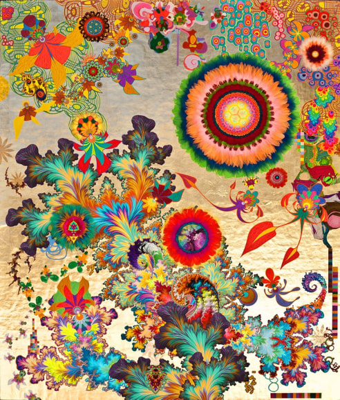 The Promised Land (I Lift My Lamp Remix), 2019. Acrylic, ink, colored pencil, feathers, quills, handmade paper, on mica on wood panel. 72 x 60 in.