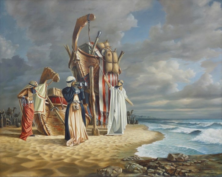 Yossi Rosenstein Israeli (born 1950) Crossing the Red Sea Oil on Canvas H 36.25” x W 45.50” Signed Lower Right – “Y. Rosenstein”