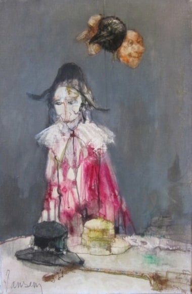 Jean Jansem Masques Arlequins et Chapeau Masks Harlequins and Hat Oil on Canvas