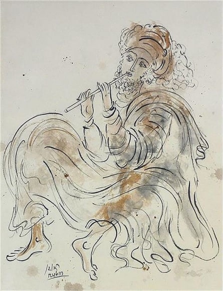 Reuven Rubin Israeli Flutist Watercolor on Paper