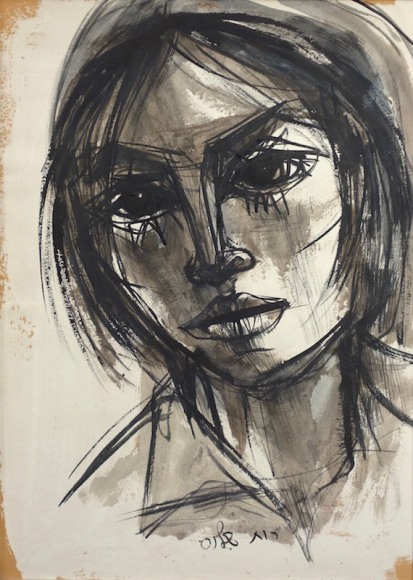 Ruth Schloss Portrait of a Girl Watercolor and Ink on Paperboard