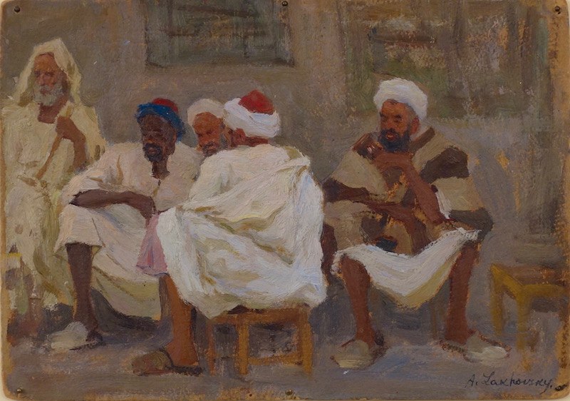 Arnold Lakhovsky Russian Orientalist Scene Men on a Village Street Oil on Board