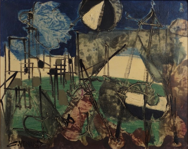 Claude Venard Landcape with Blue Oil on Canvas Signed
