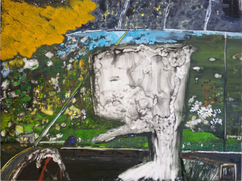 When I die, I want to go like my grandfather, asleep and at peace. Not like the people screaming in the other car, 2006, Watercolor, oil pastel on clayboard