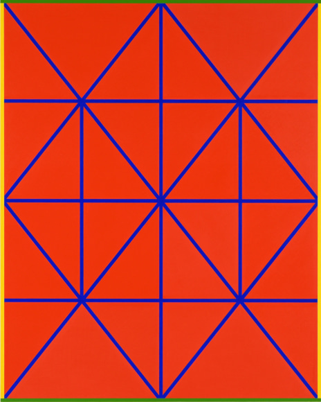 Cary Smith, Complex Diagonals #7 (red-blue with yellow-green border), 2017
