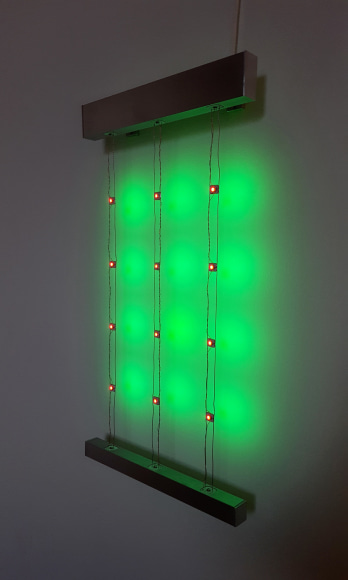 Kenzan Tsutakawa-Chinn Residual Comparison (1), 2017 Custom LED chips, arduino, rope-laid wire and aluminum 23 x 12 x 1 in. / 58.4 x 30.5 x 2.5 cm.