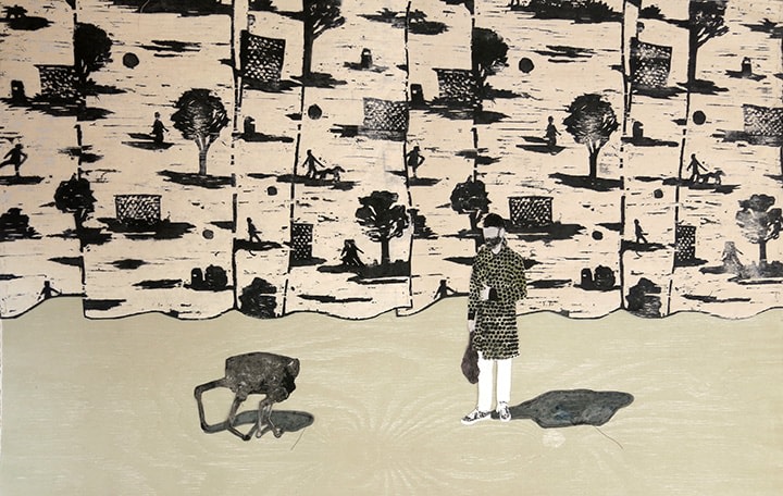 Elin R&oslash;dseth Claver, 2018 Collage of photopolymer and color woodcut with thread 18 x 28 in. / 46 x 73 cm. Edition of 10