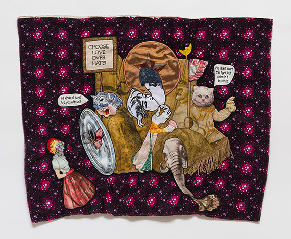 China Marks An Army of Lovers, 2017 Fabric, thread lace, screen-printing ink, residual latex paint, Jade glue, fusible adhesive