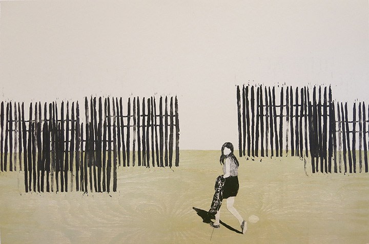 Elin R&oslash;dseth P&aring; vei (On the way...), 2018 Collage of photopolymer and color woodcut with thread 19 1/4 x 28 3/4 in. / 48.9 x 73 cm. Edition of 10