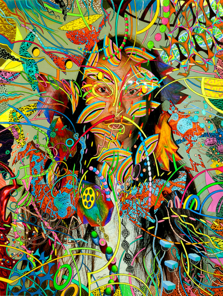 Dex Fernandez Plankton, 2015 Acrylic, ink, mylar collage and embroidery on digital photograph 25 x 18 7&frasl;8 in. / 63.5 x 48 cm.