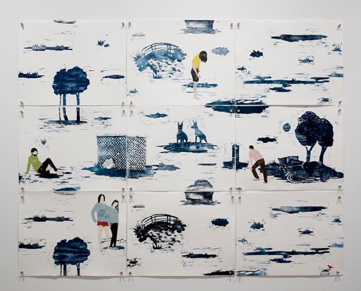 Elin Rodseth color woodcut on 9 sheets of paper installed