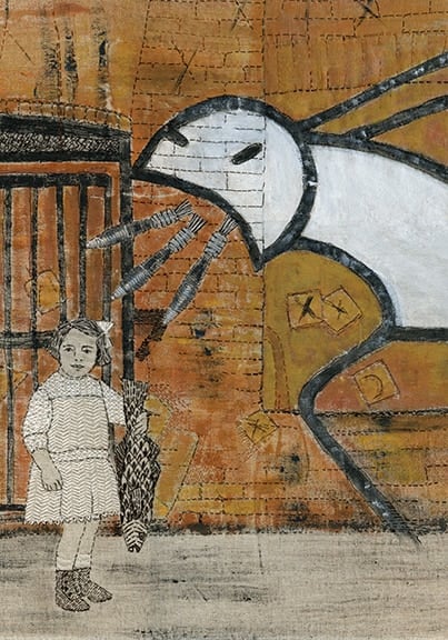Sue Stone When Will This Ever End?, 2014 Mixed media, hand/machine stitch and fabric paint 18 x 13 in. / 46 x 33 cm.