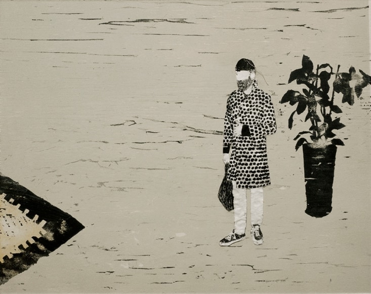 Elin R&oslash;dseth Residents 3, 2018 Collage of photopolymer and color woodcut with thread 11 3/4 x 14 7/8 in. / 29.8 x 37.8 cm. Edition of 20