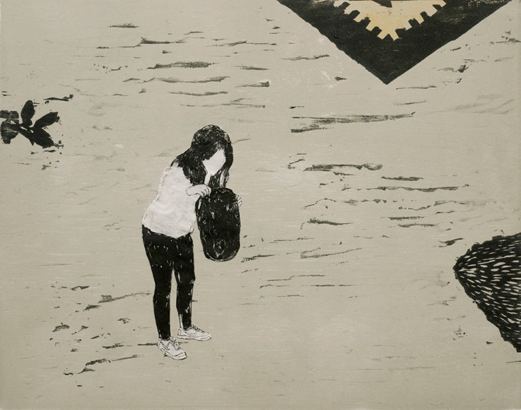 Elin R&oslash;dseth Residents 6, 2018 Collage of photopolymer and color woodcut with thread 11 3/4 x 14 7/8 in. / 29.8 x 37.8 cm. Edition of 20