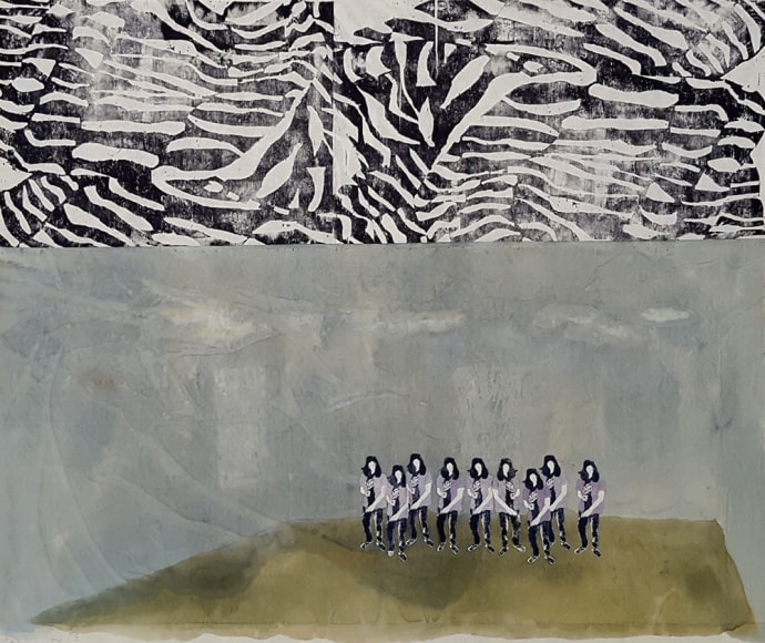 Elin R&oslash;dseth Flaneurs, 2018 Collage with photopolymer and color woodcut with thread