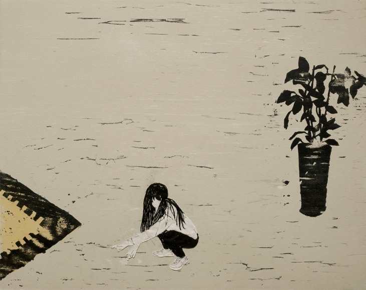 Elin R&oslash;dseth Residents 7, 2018 Collage of photopolymer and color woodcut with thread 11 3/4 x 14 7/8 in. / 29.8 x 37.8 cm. Edition of 20