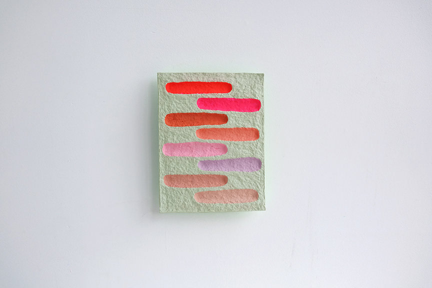 chiaozza Eight Pink Daubs on Mint, 2017 Acrylic on paper pulp 10 &frac12; x 8 x 2 in. / 26.7 x 20.3 x 5.1 cm.