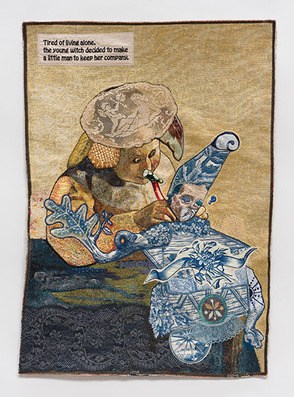 China Marks And She Cast a Spell to Bind Him to Her, 2017 Fabric, thread, lace, screen-printing ink, fusible adhesive on a contemporary tapestry copy of Vermeer&rsquo;s Lace Maker.
